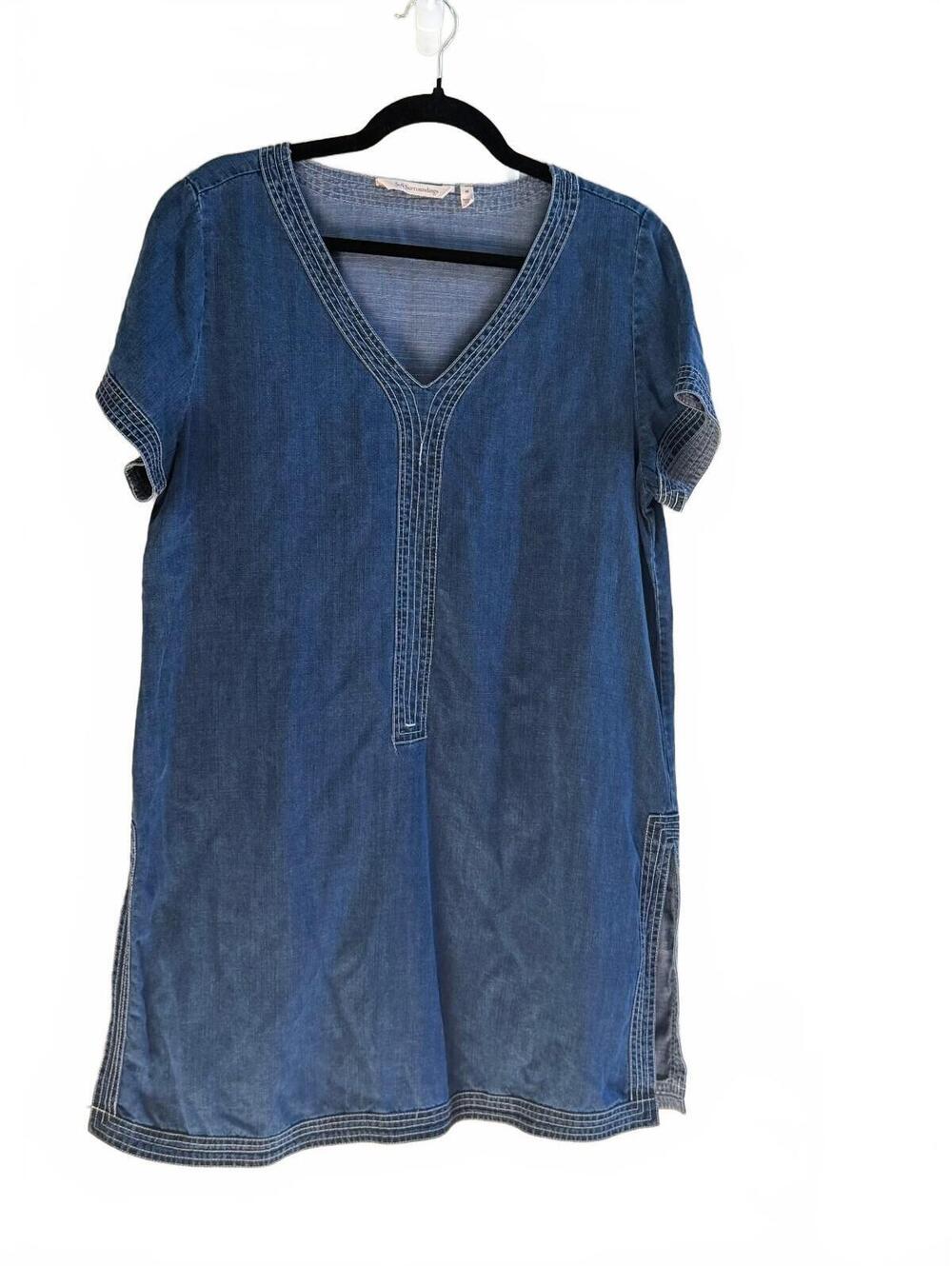Soft Surroundings Denim Shift Dress Medium Blue V-Neck Short Sleeve Stitch